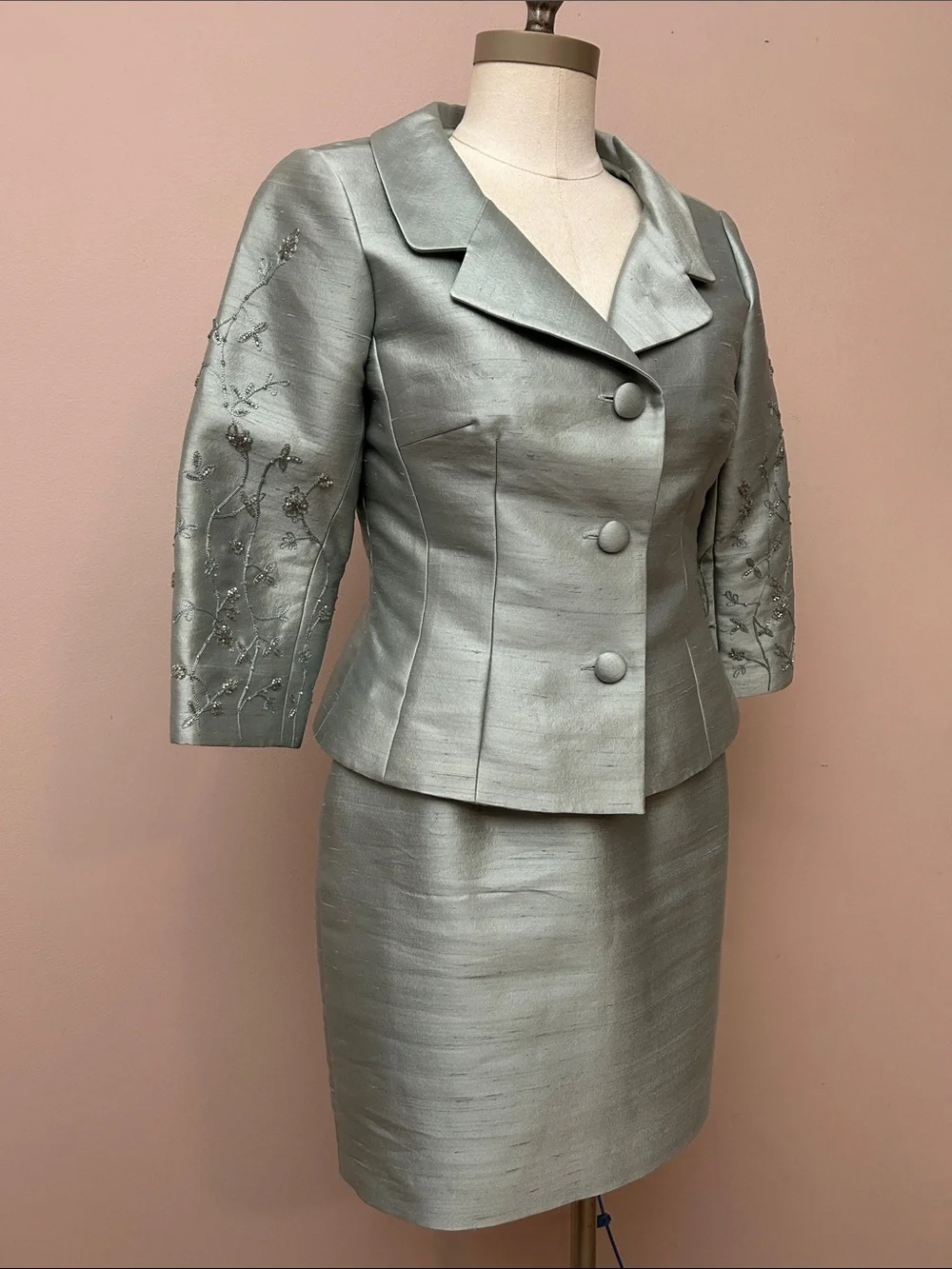 VTG Lillie Rubin Silver-Green Silk Wool Embroidered Skirt Suit set sz 6